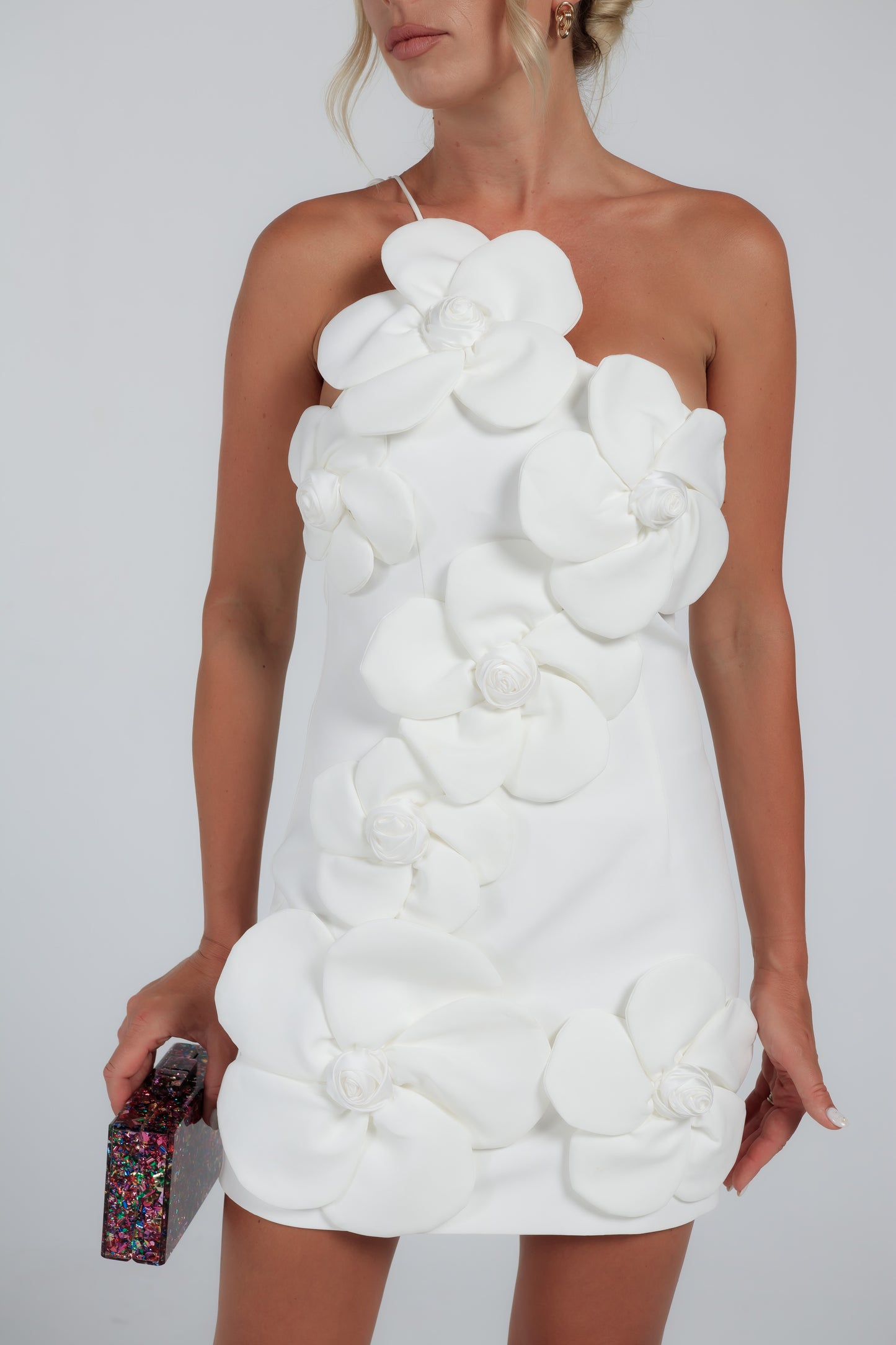 White floral mini dress available for rent in size S-M