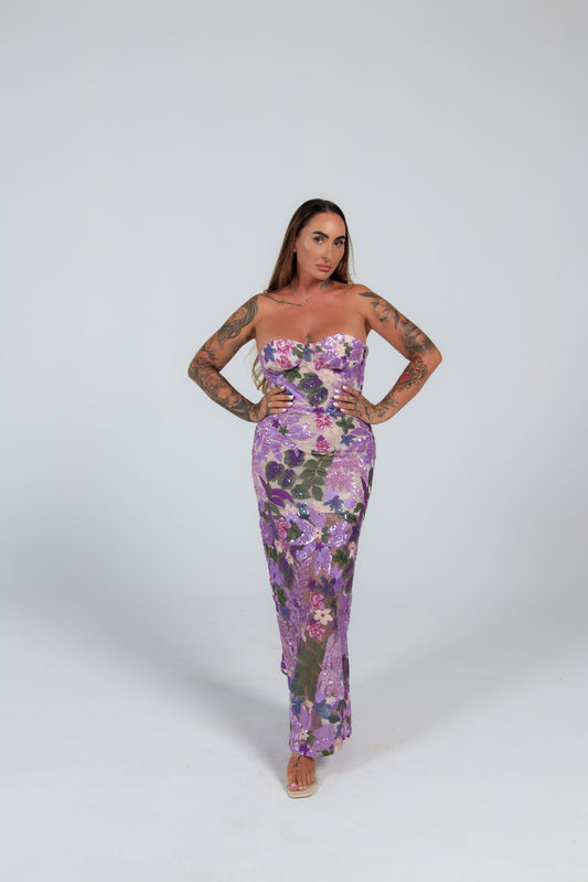 Long floral sequin dress rental in Spain, size M–L