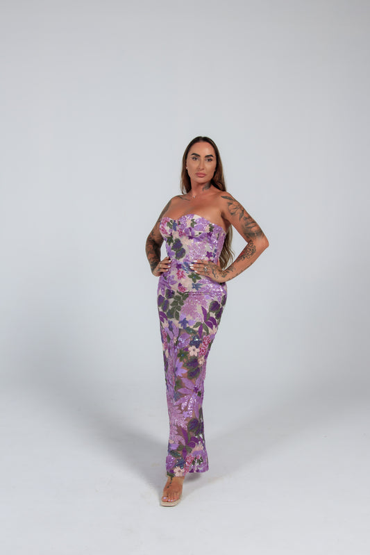 Long floral sequin dress rental in Spain, size M–L