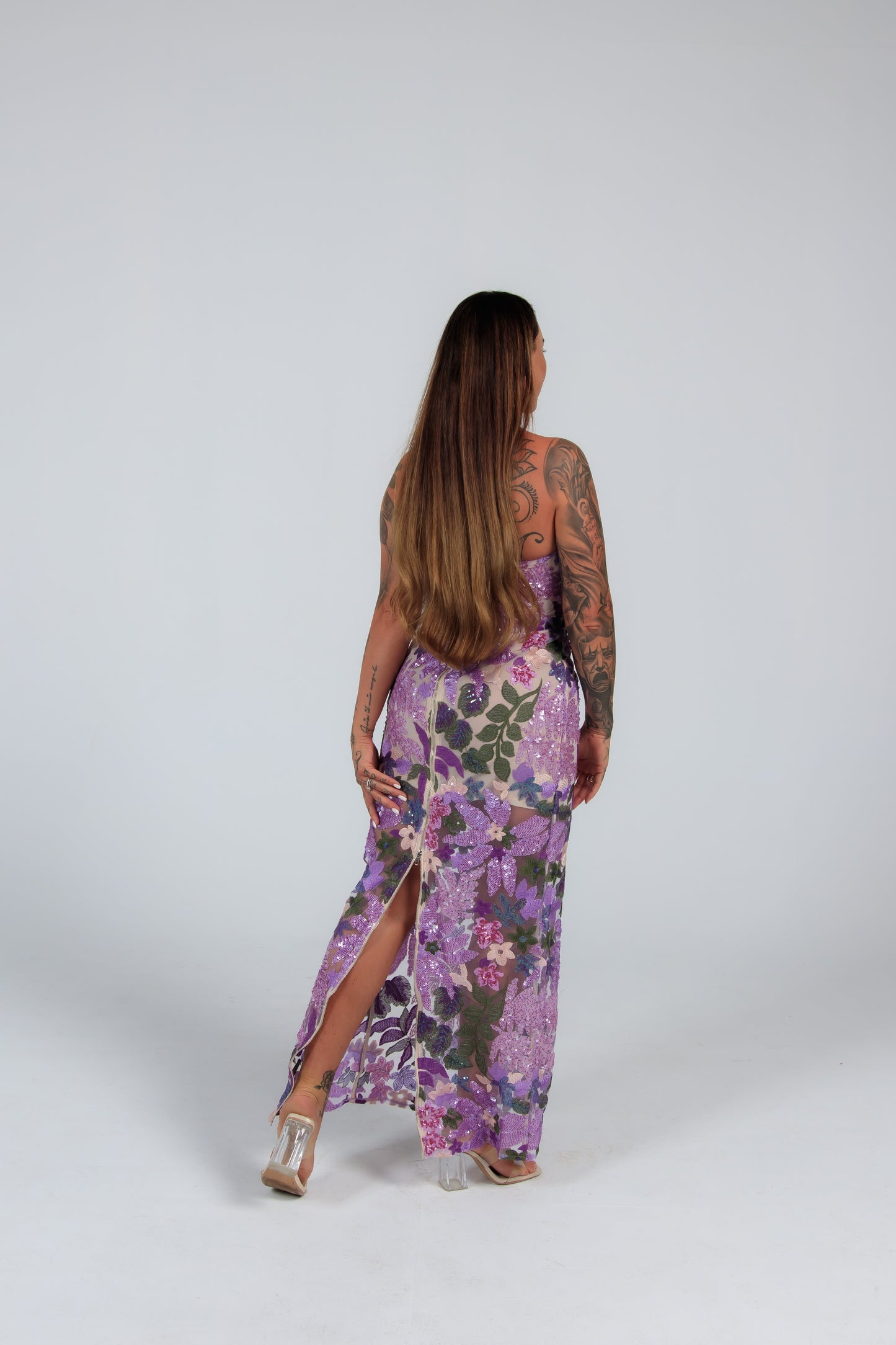 Long floral sequin dress rental in Spain, size M–L