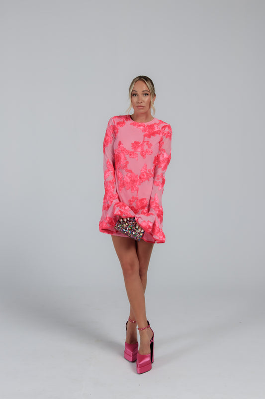 Pink long sleeve mini dress available for rent in sizes XS-S and M-L